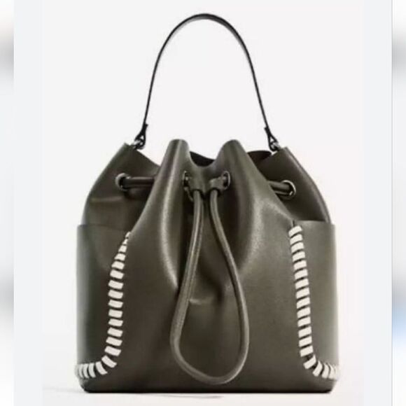 Zara Basic Green Bucket Bag Faux Leather - Picture 1 of 16
